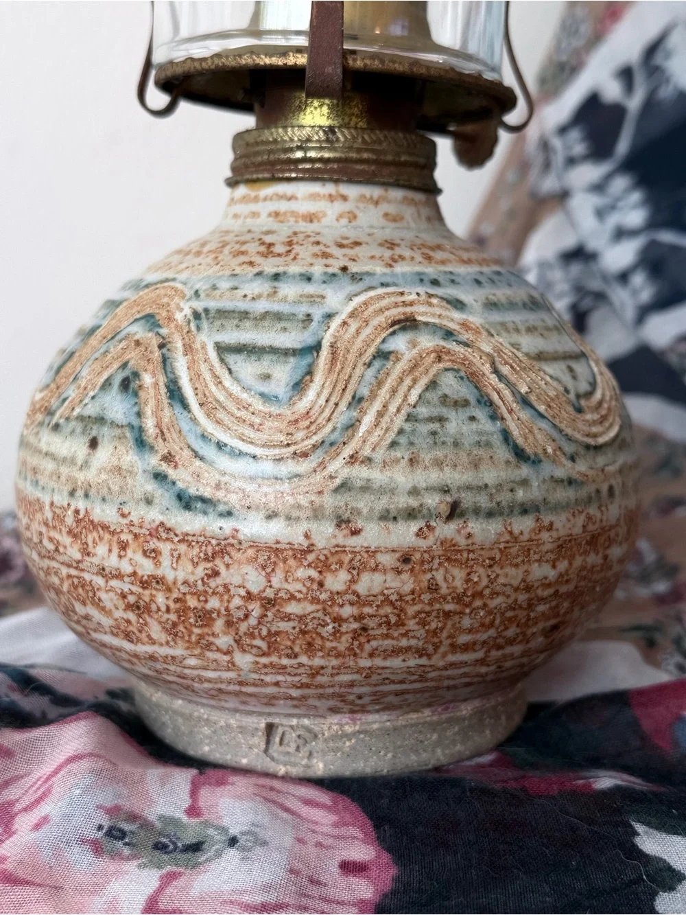 Oil Lamp Stoneware Hurricane Glass Chimney 14” Vintage Studio Pottery